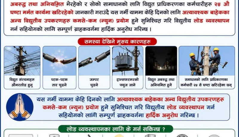 गर्मीमा अत्याबश्यक बाहेकका बिद्युतीय सामाग्री नचलाउन प्राधिकरणको अनुरोध